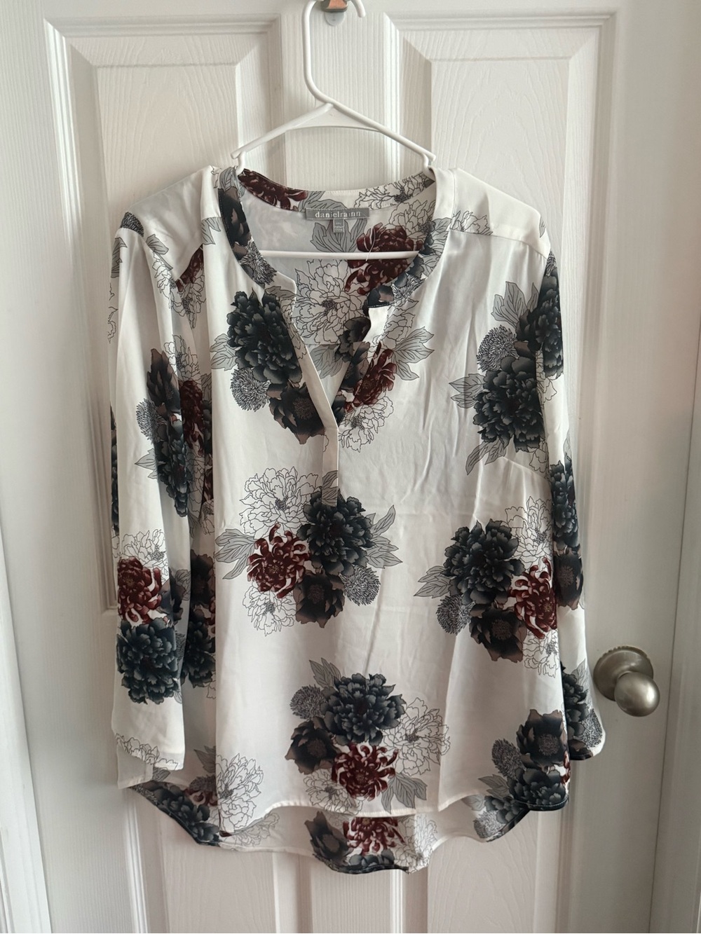 Daniel Rainn Cream Blouse with Burgundy & Slate Floral Print